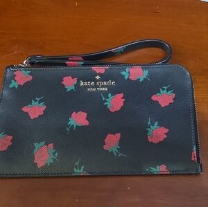 Kate Spade Black Wristlet with Red and Green Floral Pattern